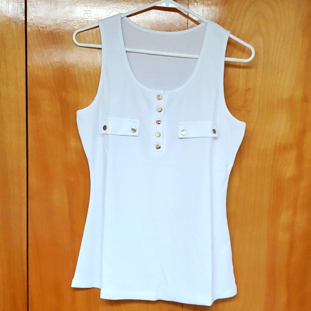 Women's White ribbed tank top gold tone front snaps front pockets Large